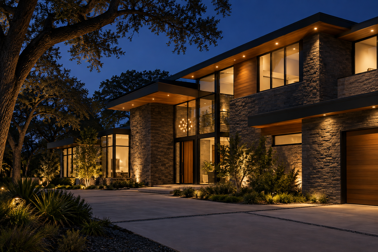 Architectural illustration of a modern home with warm exterior and landscape lighting at dusk